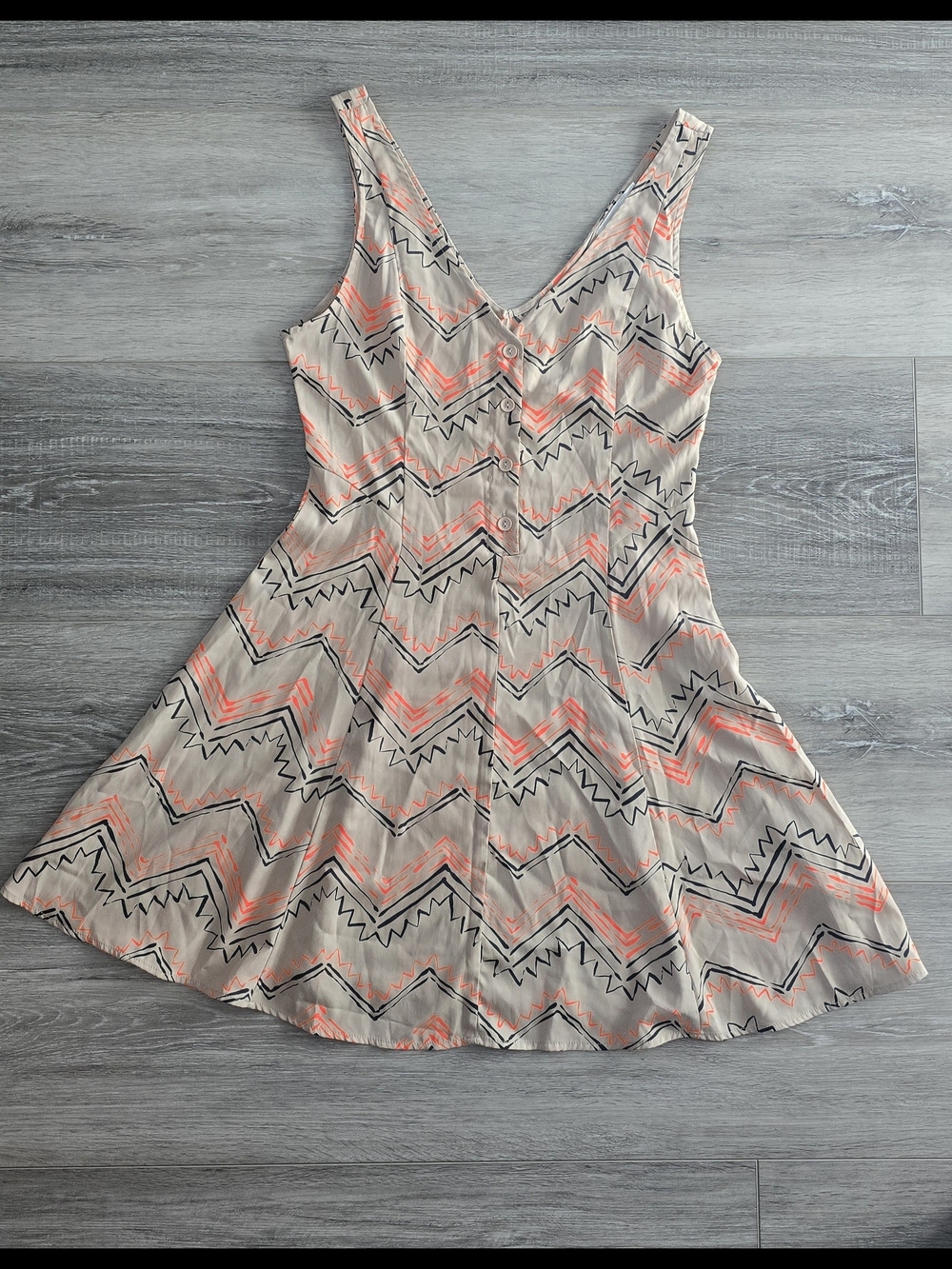 Lush Beige, Bright Orange & Black Chevron Button-Front Mini Dress